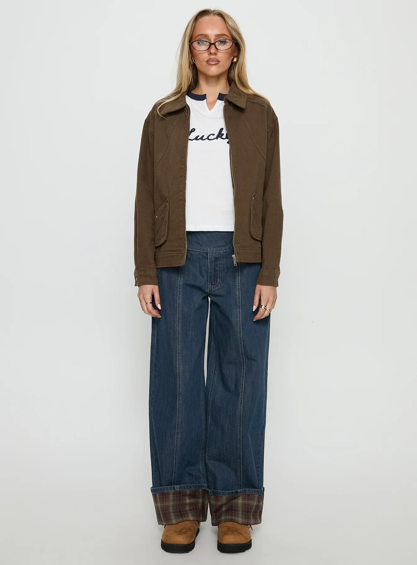 Nikoletta Foldover Jeans Dark Wash / Check